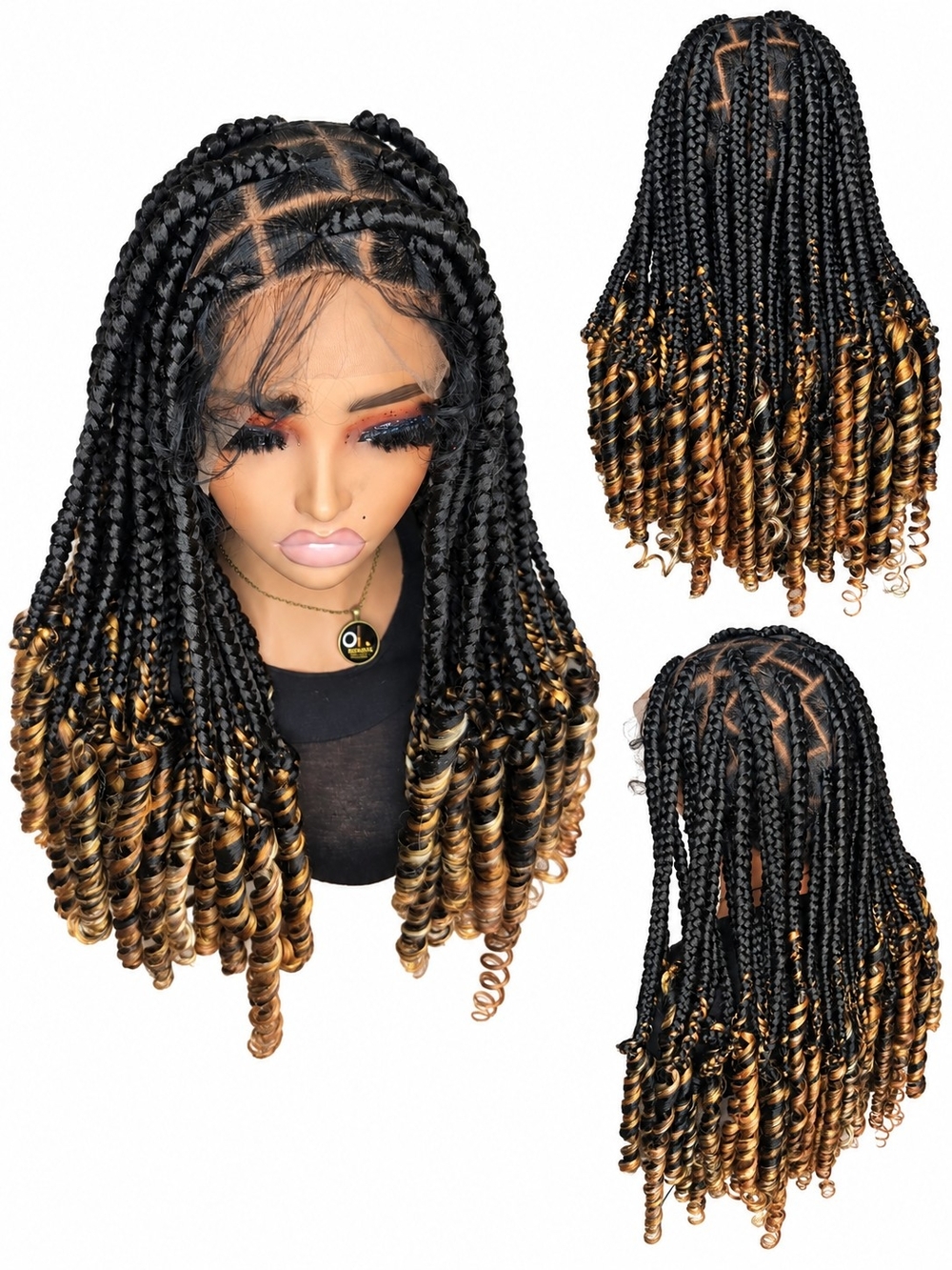 Black with Honey Blonde Curly Box Braids Lace Front Wig - Women Hair